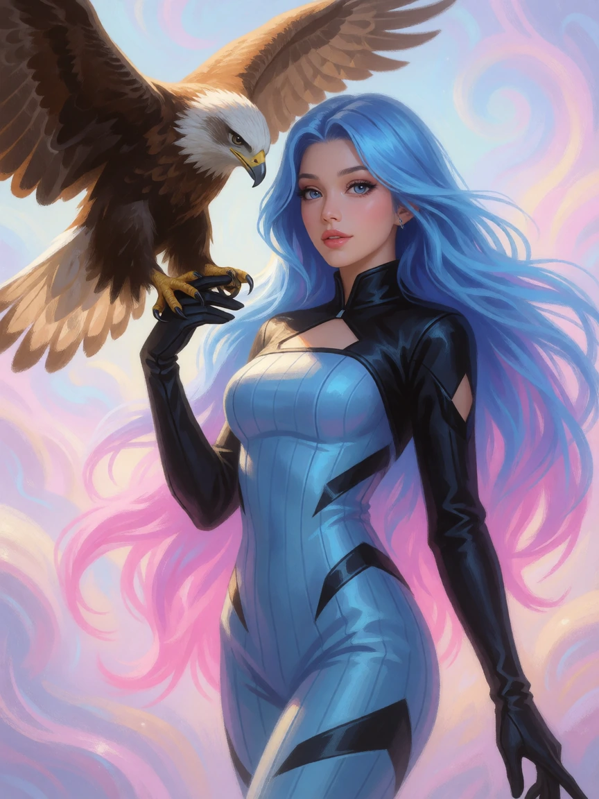 Beautiful woman with long flowing blue hair with pink tips, with her eagle, sleek jumpsuit with blue and black colors. Artistic quality, ethereal, pastel painting style, beautiful, swirly fantasy background