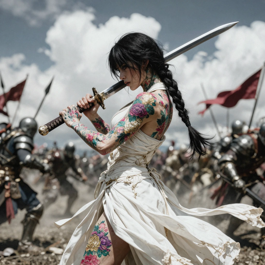 Illusfact4 art style: A striking female warrior stands poised at the forefront of a chaotic battlefield under a dramatic sky filled with billowing clouds; she wears a flowing white robe that drapes elegantly over her muscular frame, revealing intrica