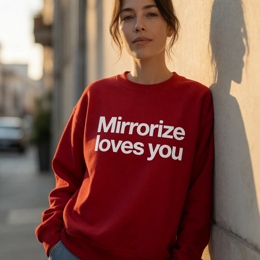 A stylish adult woman wearing a rich red sweatshirt with the exact phrase Mirrorize loves you across the front in large bold clean white text, Mirrorize as one single word spelled M I R R O R I Z E, all words clearly legible, centered on the chest wi