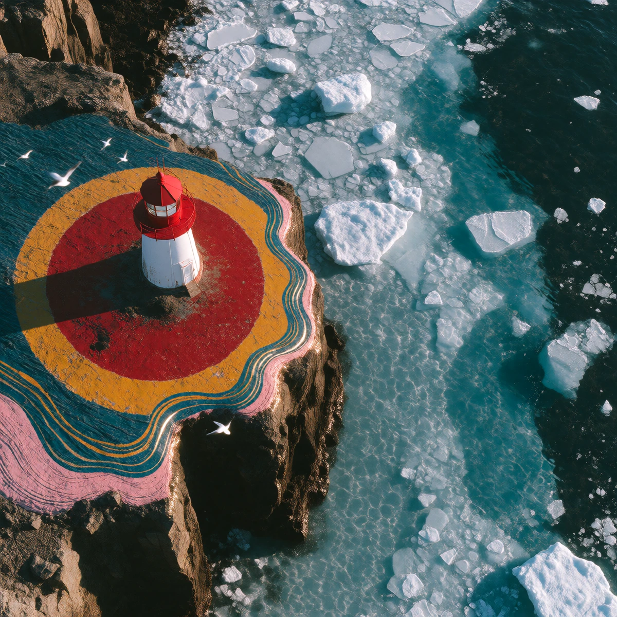 An overhead drone photograph capturing a small white and red lighthouse perched at the edge of a rocky cliff, encircled by bold concentric circles of red and yellow paint. Wavy patterns of teal, gold, and pink wind along the cliff's edge, decorated w