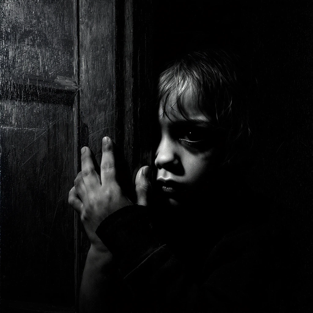 A high-contrast black-and-white portrait depicting the face of a young child, partially obscured by darkness and visible through a narrow gap between two dark panelled doors. The child’s left eye is entirely shrouded in shadow, creating the effect of