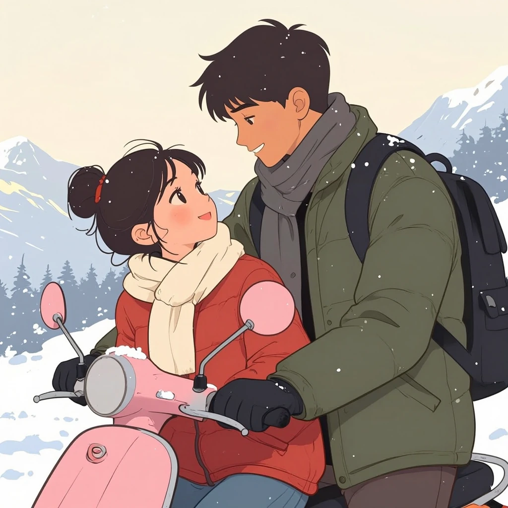 Close-up, low-angle illustration of a young East Asian man and woman in a snowy mountain landscape. The woman, with dark hair in a messy bun and a blu