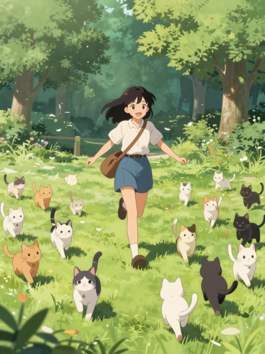 Anime woman with a whole lot of cats running around in a park