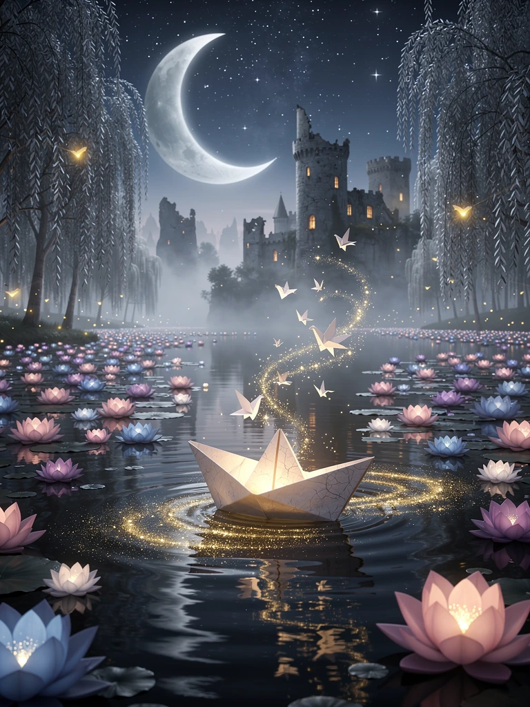 A tiny handcrafted paper boat drifts across a vast enchanted lake beneath a brilliant twilight sky during its final magical voyage. The delicate paper vessel glows softly from within, leaving shimmering trails of golden stardust across perfectly stil