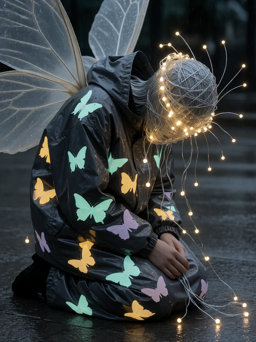 A lone, human-shaped figure kneels on rain-dark pavement, head bowed and fingers interlaced as though in silent devotion. The surrounding night is a cool wash of teal and slate, its blurred emptiness broken only by the subjectas constellation of li