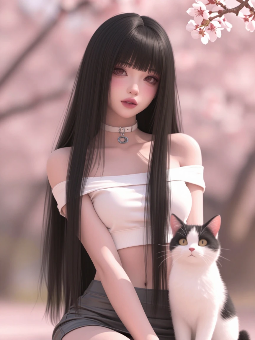 Springtime Goth girl, cat nearby , cherry blossoms, daz3d