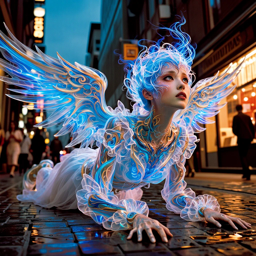 nattou, from side, fallen angel, blank eyes, crawling, looking up, horror, film grain, grotesque, (detailed face, detailed eyes), blue fire swirling, 