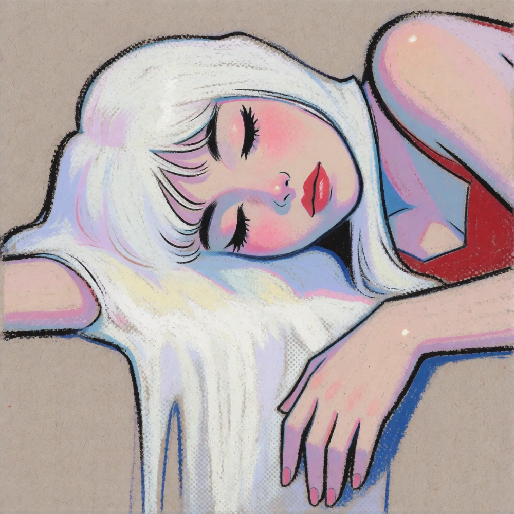 in deep sleep, shes melting, one arm dangling off the edge, bleach-white hair cascading to the floor like spilled paint,