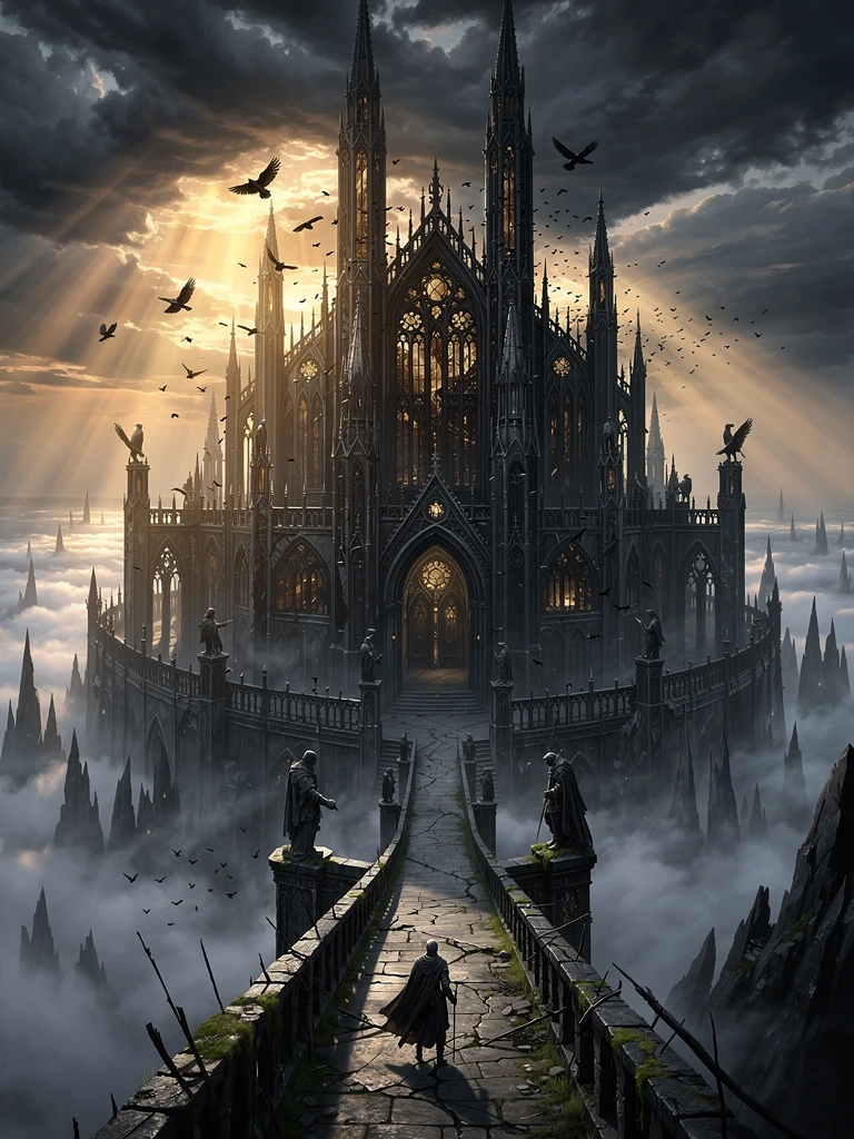 A colossal obsidian citadel rises from razor-sharp black cliffs above a sea of mist at dawn. Thousands of ravens circle towering gothic spires while shafts of warm golden sunlight pierce dramatic storm clouds, illuminating sections of the ancient for