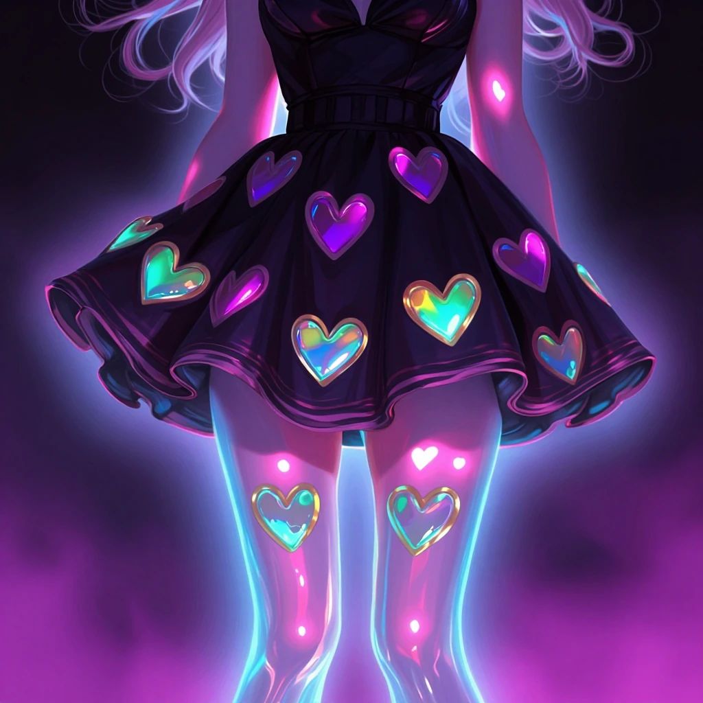 woman in black dress with heart print leggings, ethereal supernatural color palette, chromatic aberration rippling across fabric edges, iridescent hea