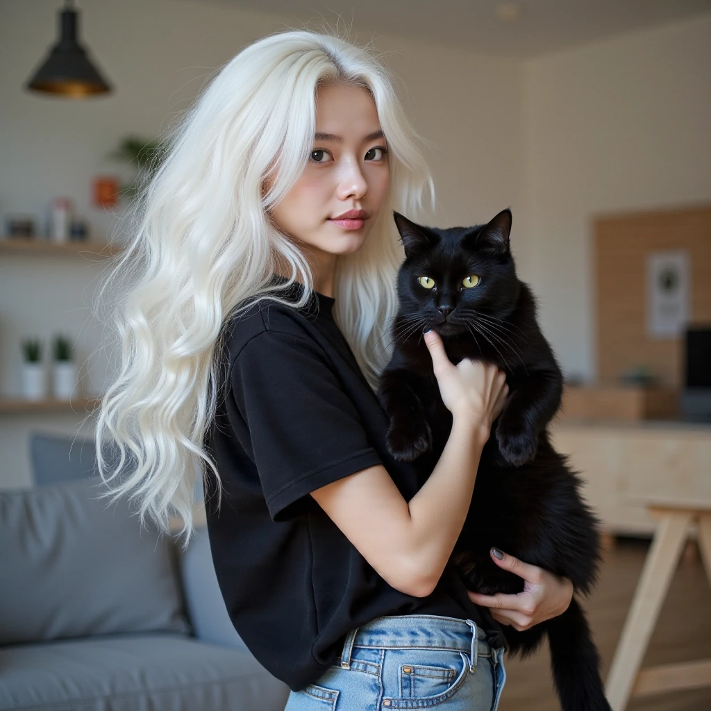 woman white hair with her black cat y2k, jeans and tshirt