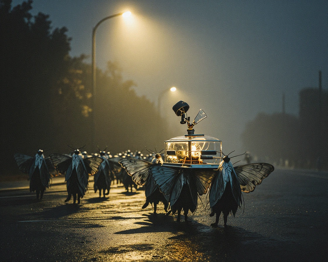 Funeral procession of hundreds of human-sized moths in tight military formation crossing wet asphalt at dusk, wings folded downward in mourning. Four lead moths carry a glass coffin on their back with a shattered streetlight inside—bent metal and gla