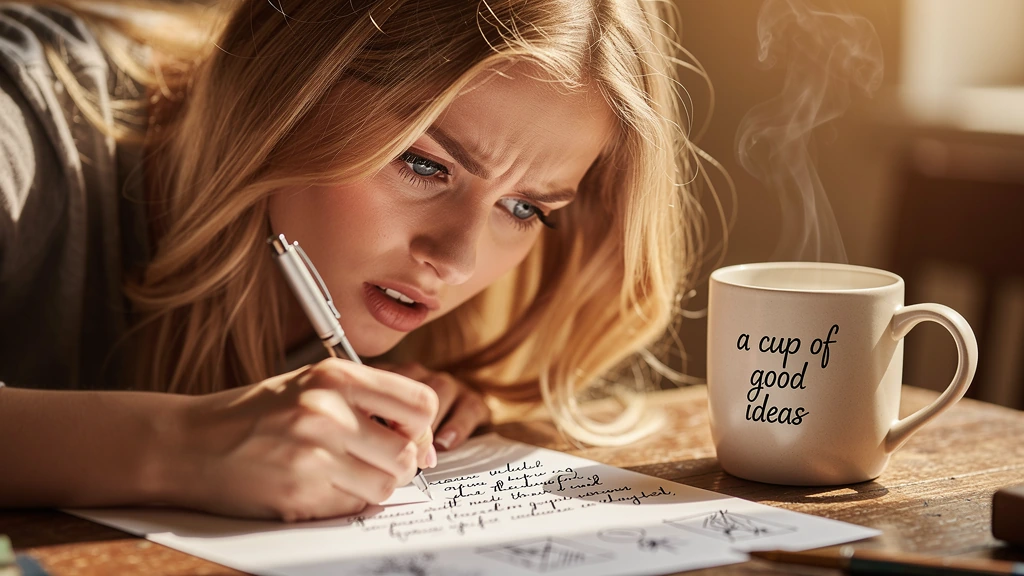 Capture a young woman with golden-blonde hair and bright blue eyes leaning close over a sheet of paper, her face angled downward in focused concentration, pen in hand as she writes flowing notes. Her brow is gently furrowed, lips slightly parted — th