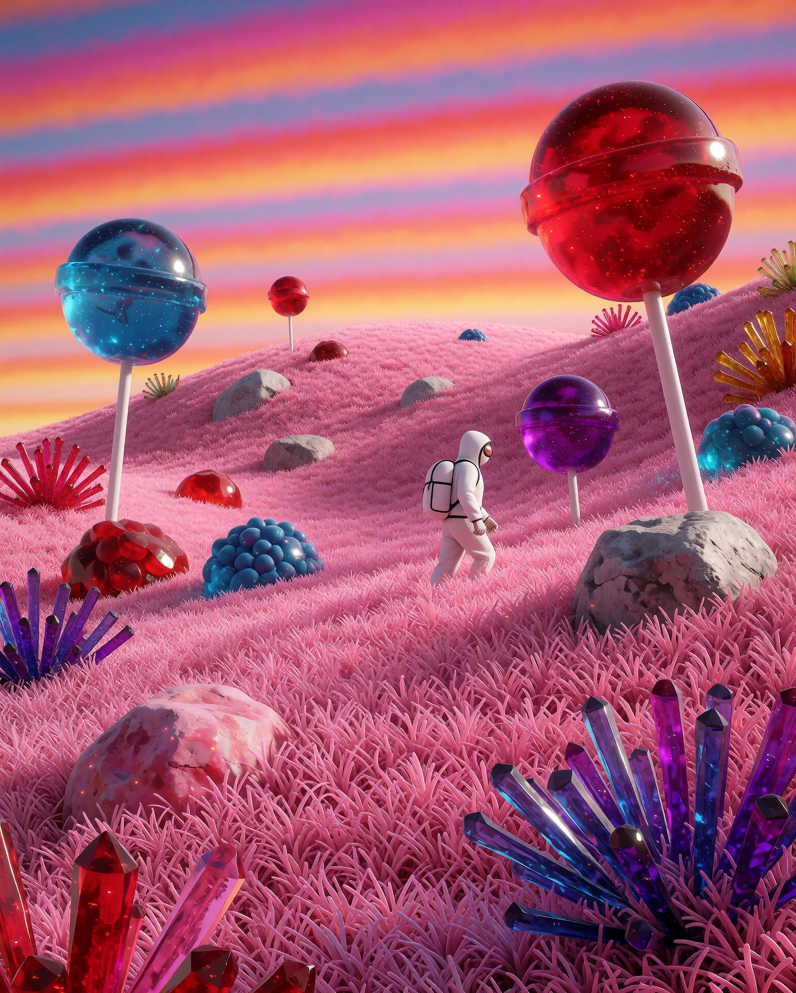 A rolling hillside made entirely of soft pink tongues, and growing from them are lollipop trees, sugarcrystal shrubs, and hardcandy boulders in translucent cherry, blue raspberry, and grape. A lone hiker in a white suit crosses it. Sky is a striped s