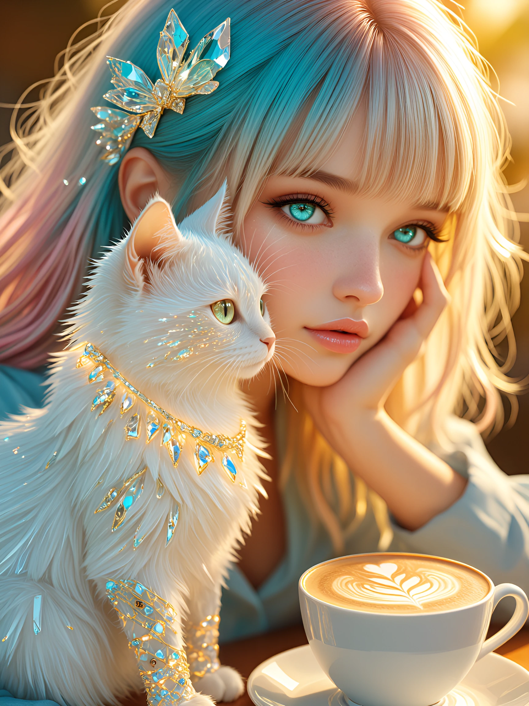beautiful woman, platinum pastel ombre hair, with cat at a café, coffee, everything looks like glass. The cat is fluffy and created from beautiful crystals. Glistening in the sun. The latte is extremely fancy with beautiful designs. The woman has lov