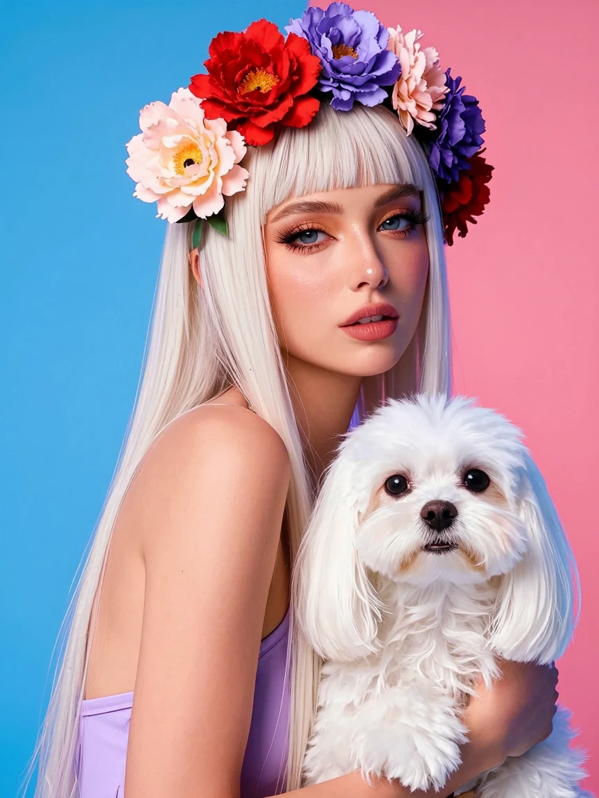 Woman with beautiful flowers in her hair, platinum hair, with a Maltese dog, colorful background