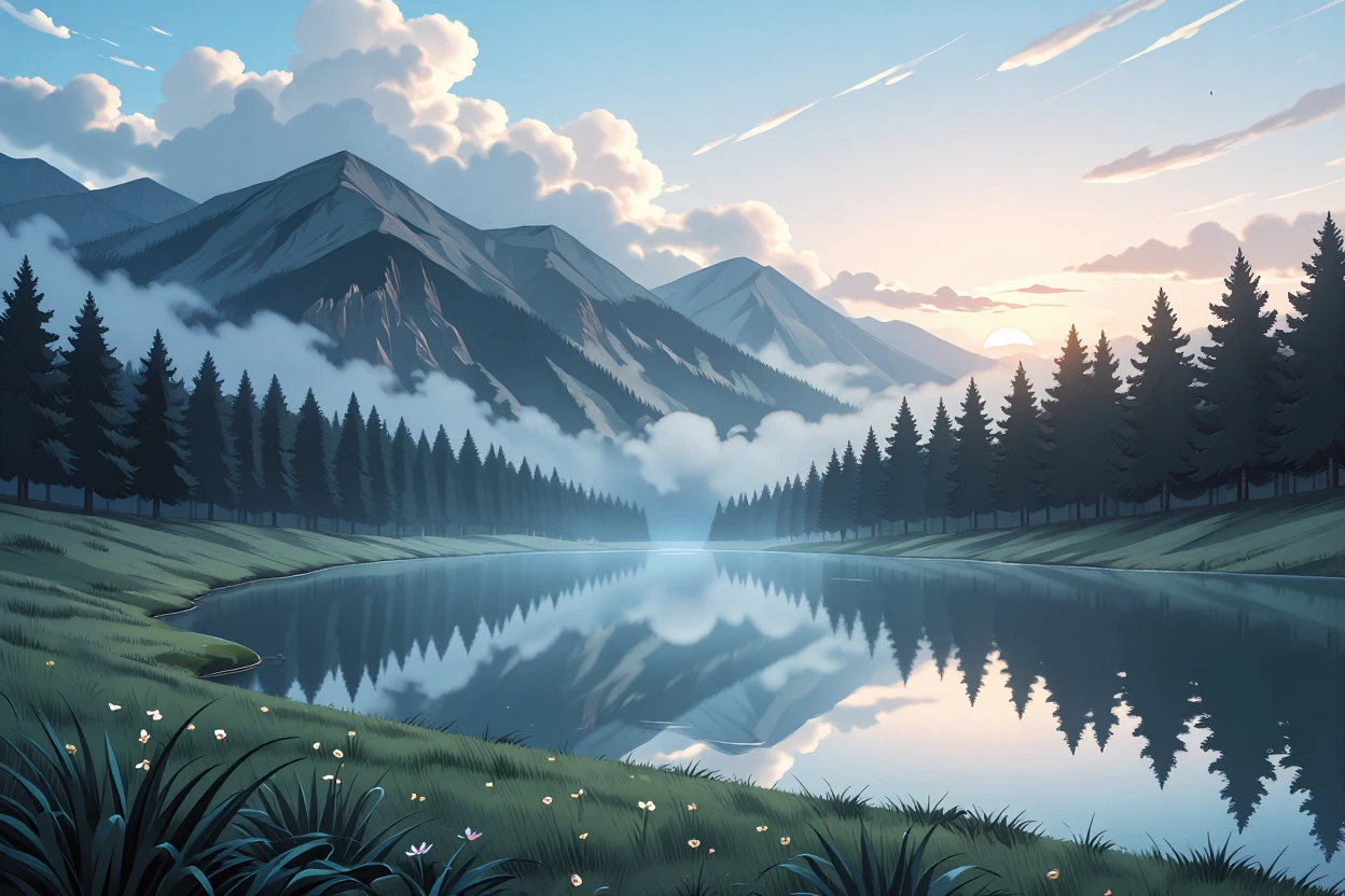 Cinematic anime style landscape, serene mountain lake reflecting misty peaks at dawn with soft clouds and wildflowers, cool blues and gentle greens, dreamy peaceful atmosphere, high detail, emotional calm, wide landscape composition suitable for X po