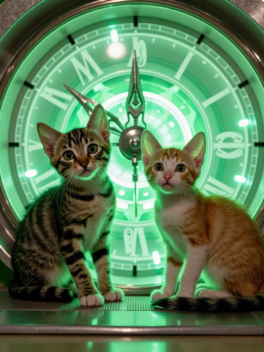 Sci-fi kittens, glistening emerald background, clockwork, transparent echo 🤔