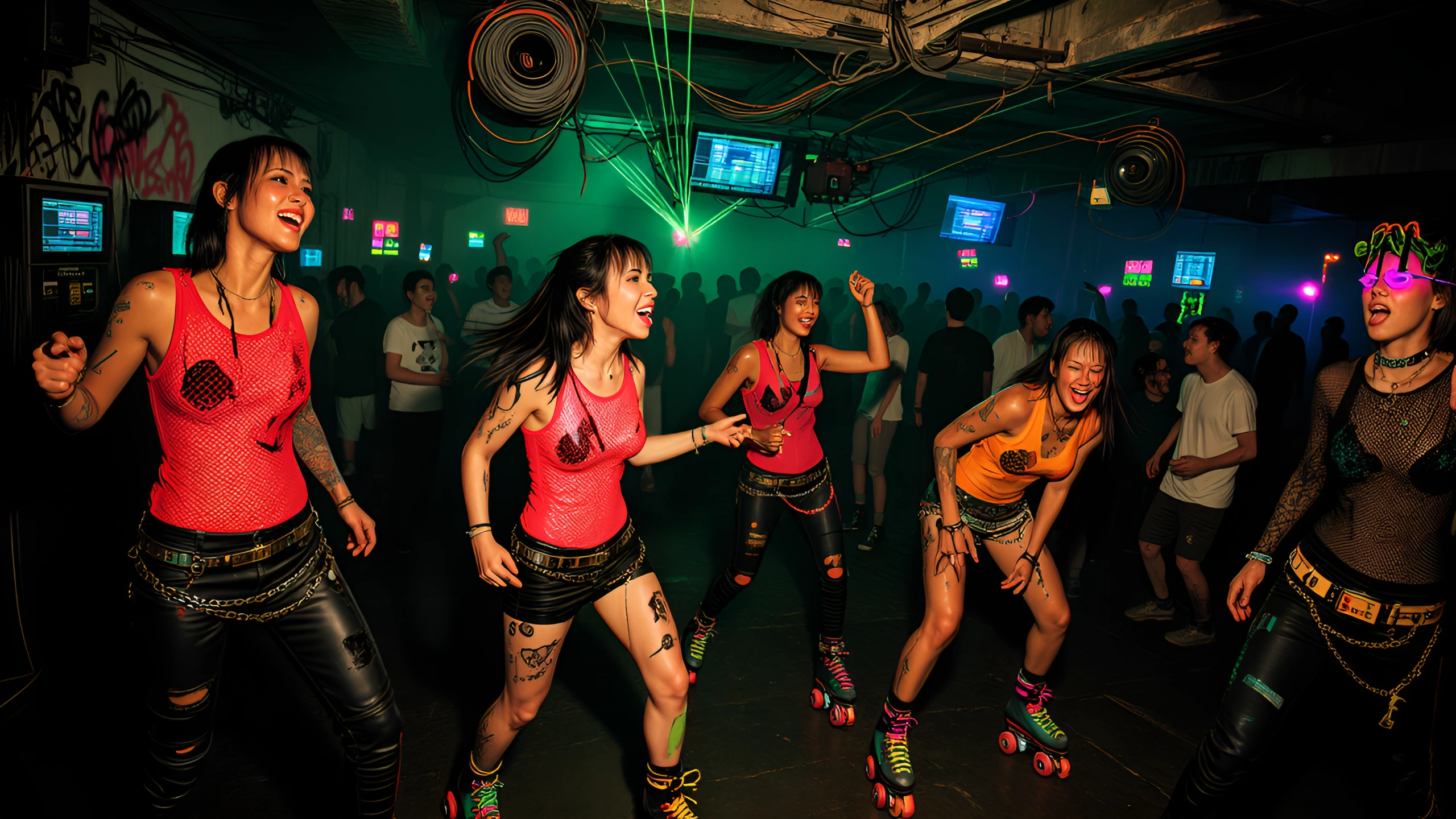 An underground cyberpunk punk event in a packed warehouse club: a group of four rebellious young people in chain belts, rollerblades, mesh layers, distressed leather, and oversized streetwear standing amid a sweaty crowd, glowing monitors, hanging ca