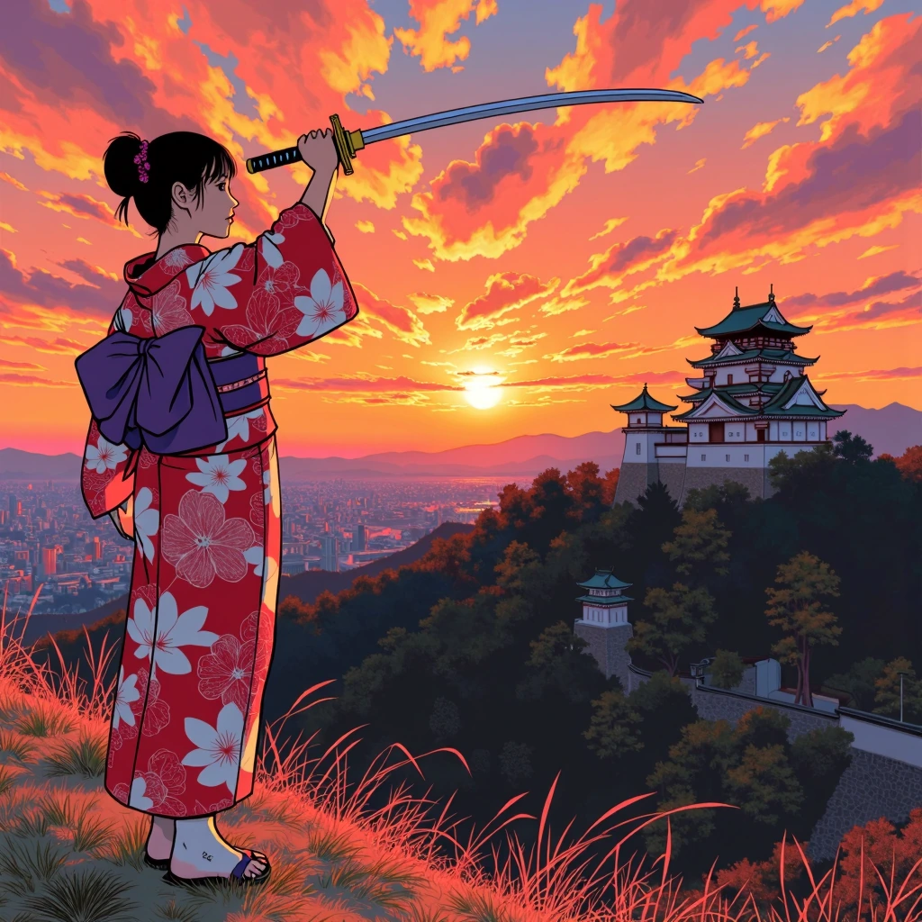 1girl, in kimono, detailed face, piercing eyes lifting a sword toward the sky, near a far away japanese castle at sunset. overlooking a valley , persp