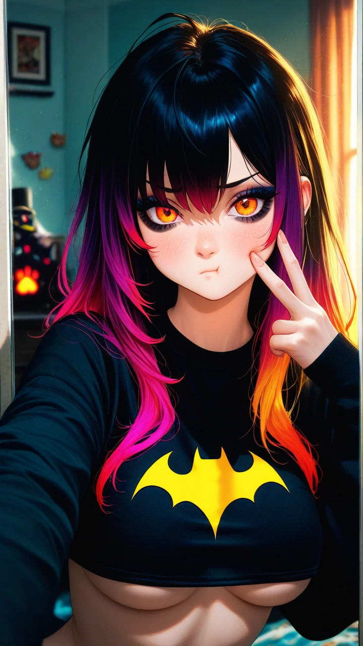 cute e-girl with black voluminous hair taking a mirror selfie in a dim bedroom, making a peace sign near her cheek, wearing a tight black crop top und