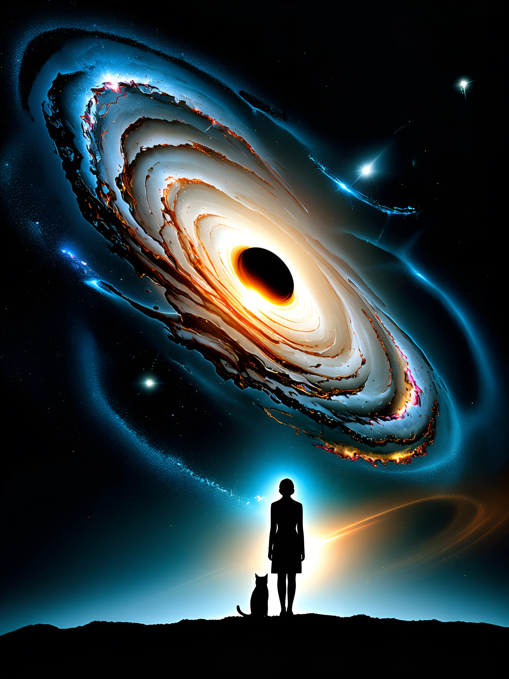 A NASA-inspired deep space scene of the M77 galaxy, also known as the Squid Galaxy, with a supermassive black hole glowing at the core, rendered with scientific realism and vibrant artistic color. In the foreground, a woman and a cat stand together l