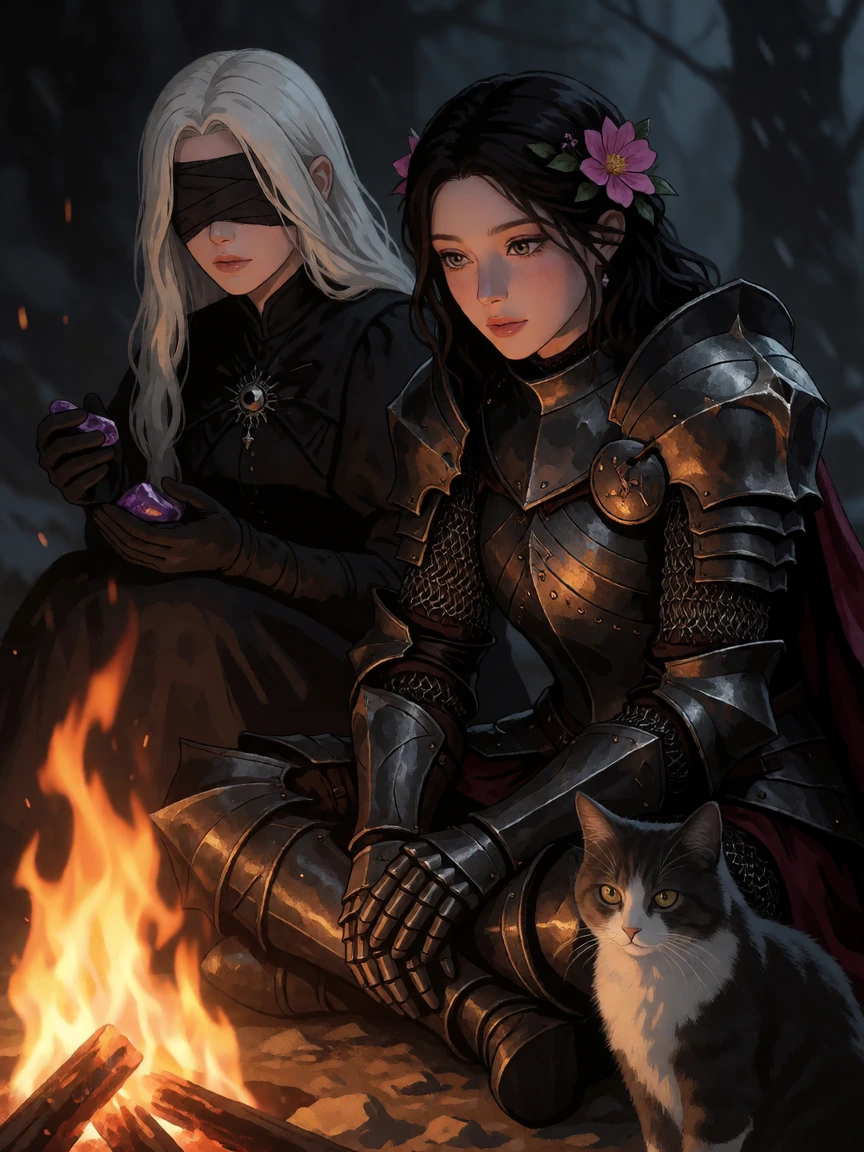 Beautiful, dark souls themed woman knight warrior dressed in a beautiful flower, black undead dark souls themed armor. At a campfire with her cat. Sitting beside a woman platinum hair with a cloth blindfold. Holding some souls. Photo manga mix,Daz3d