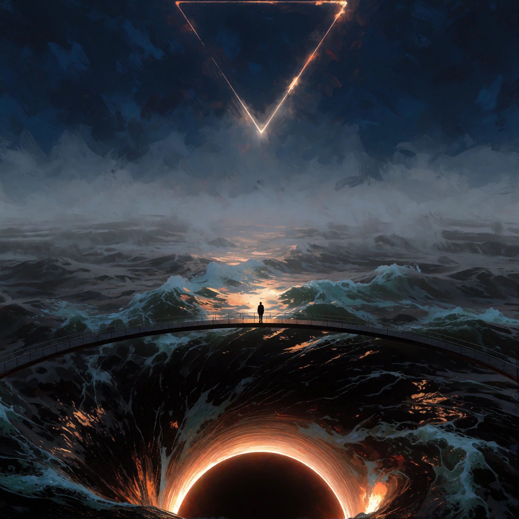 A minuscule figure stands alone on an impossibly thin walkway arcing horizontally over the inside of a vast swirling vortex of deep water, silhouetted against a dark misty horizon of cool grays and blues. The bottom of the image is framed by the arc 