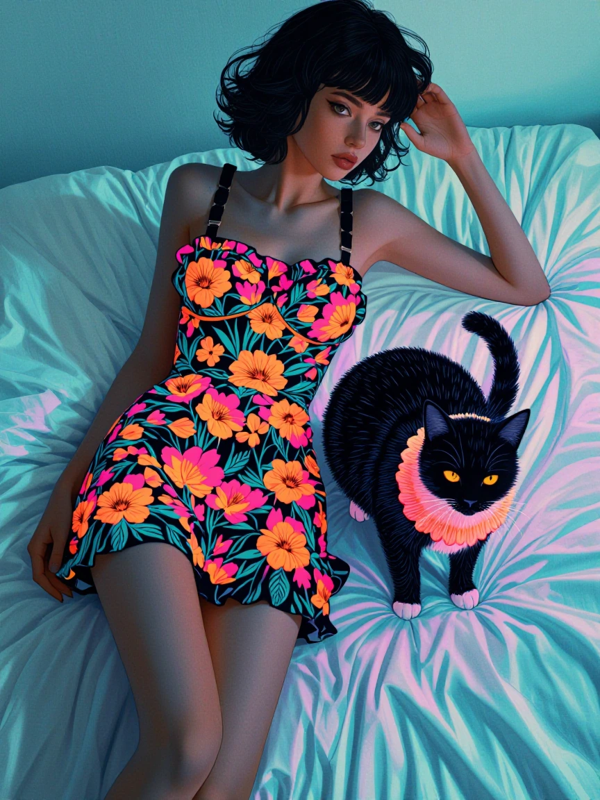 Woman in a frilly minidress and flowers . Cat nearby, All neon