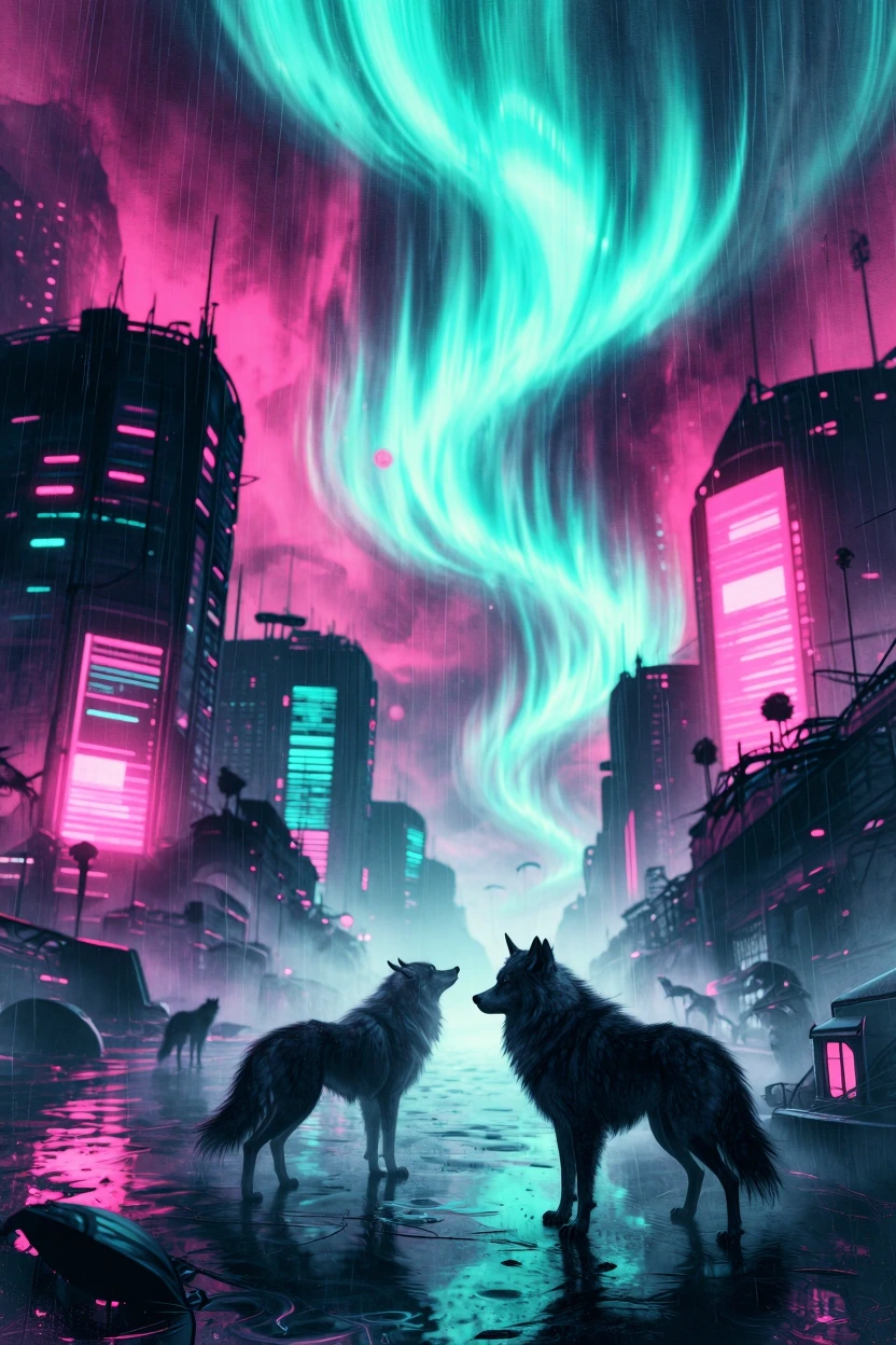 wolves made of northern lights
