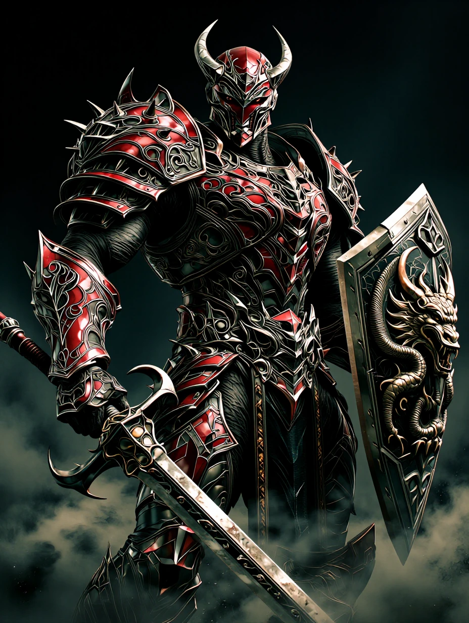 Photorealistic 8k Hyper-muscular gigantic Chaos Warrior, wearing sealed Red & Black spiked armour inlaid with bizarre engravings, wielding a barbed hand-and-a-half sword and a great shield with a 3 dimensional dragon emblem. void background. Warrior 