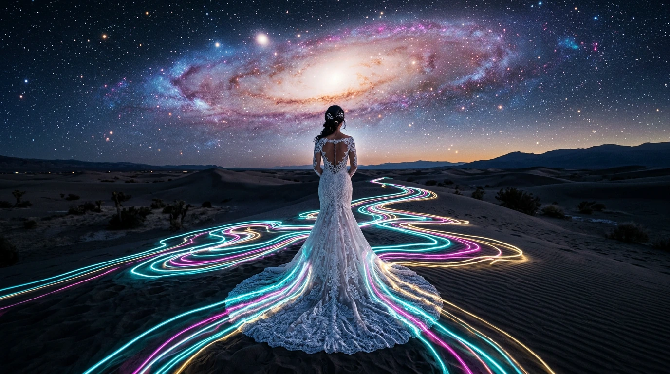 A cinematic, wide-angle shot from behind of a woman in an elegant, floor-length white lace wedding gown standing in the middle of a vast, ethereal des