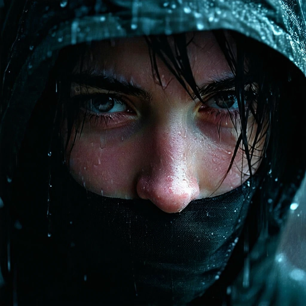 moody character close-up with rain droplets, film-grain texture, emotional