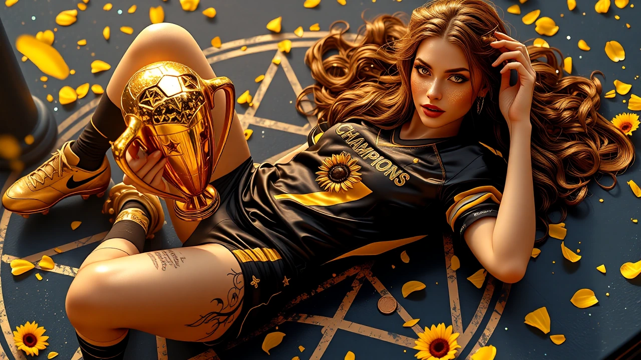 Hyper-detailed photorealistic pin-up portrait of a seductive female football player reclining on a championship podium, holding a golden trophy, confetti falling; top-down angle, shallow depth of field. Pale glistening skin with subsurface scattering