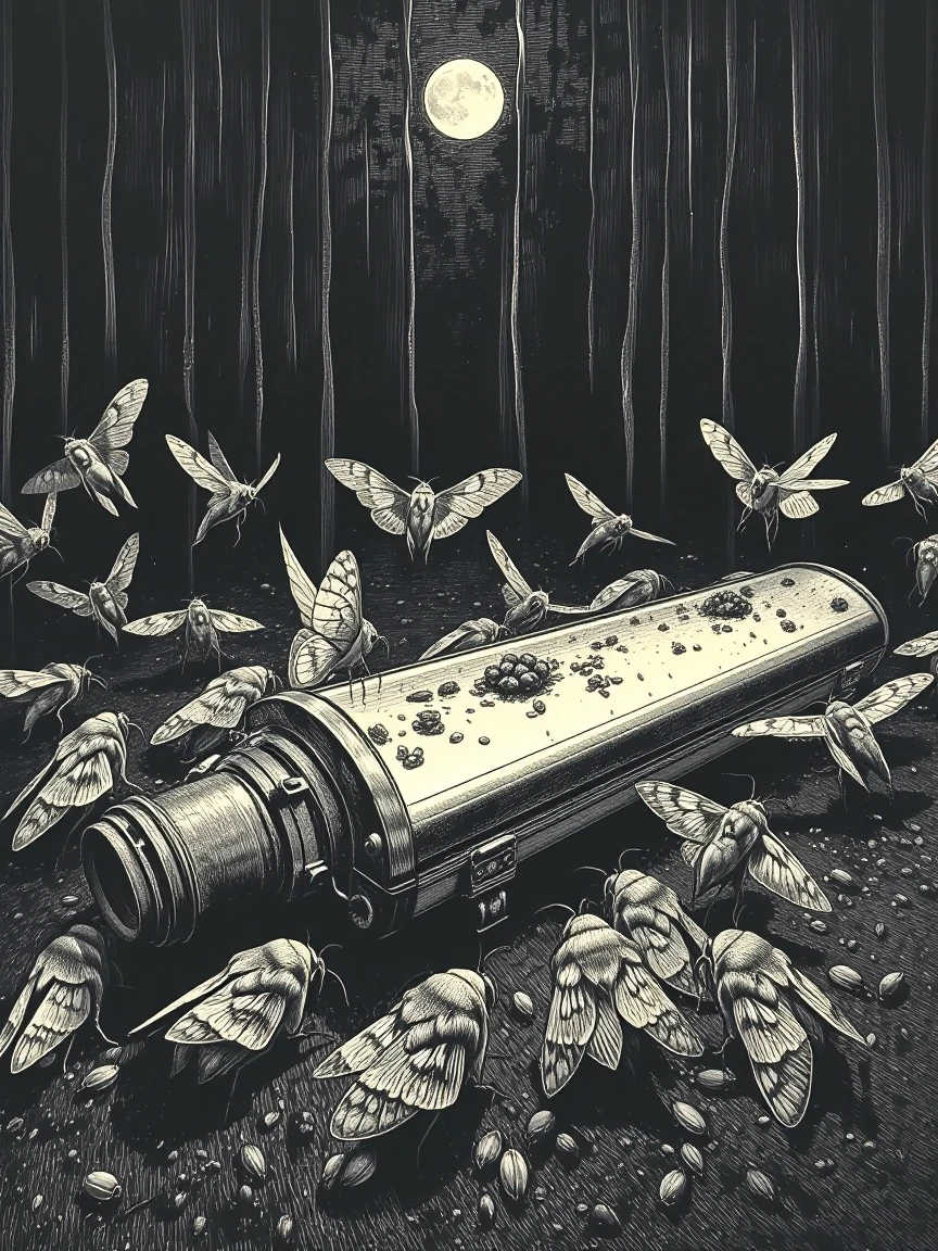 A solemn gathering of moths in muted grays and browns arranged in a circle around an extinguished streetlight lying horizontal on the ground like a coffin, rendered in the style of a Victorian-era engraving with fine cross-hatching and dramatic chiar