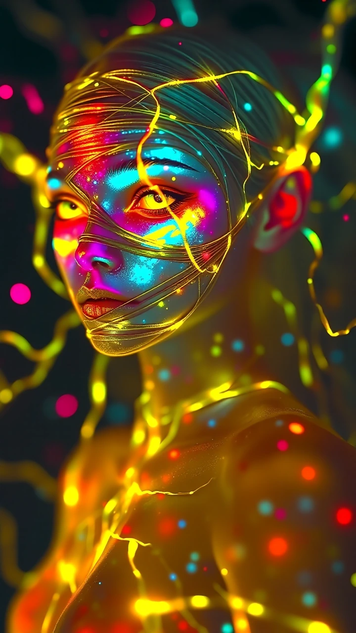 A semi-translucent, ethereal figure in a dark, surreal, dreamlike void. Details: - The figure has a hauntingly beautiful face wrapped in faint bandages that pulsate and glow. - Incorporate luminous, shimmering threads that symbolize both constraint a