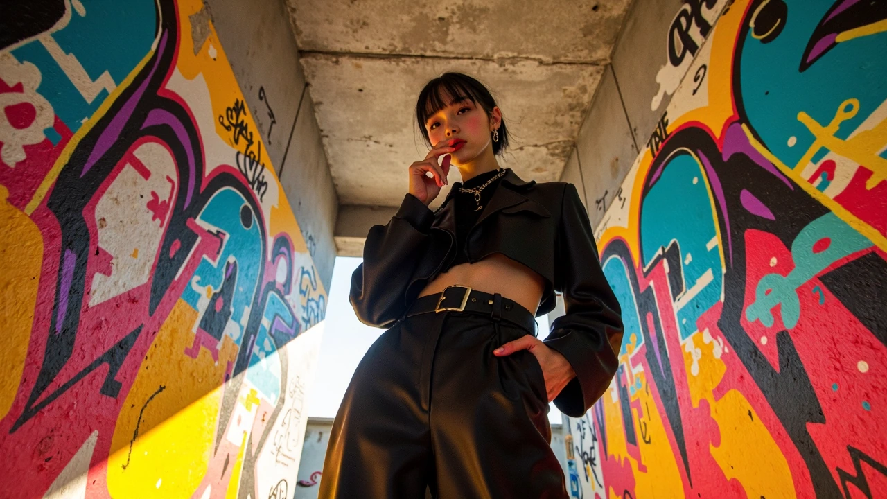 Cinematic framed live-action keyframe in a brand new avant-garde hybrid style that fuses high-end studio photography with anime illustration and abstract color field painting. The aesthetic blends photorealistic textures and lighting with clean, expr