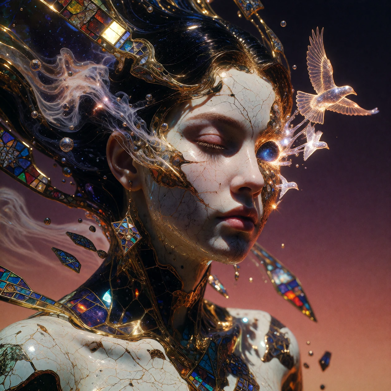 Capture a surreal abstract portrait of a woman, her profile dissolving into fragments of liquid gold and deep indigo smoke, her silhouette half-formed