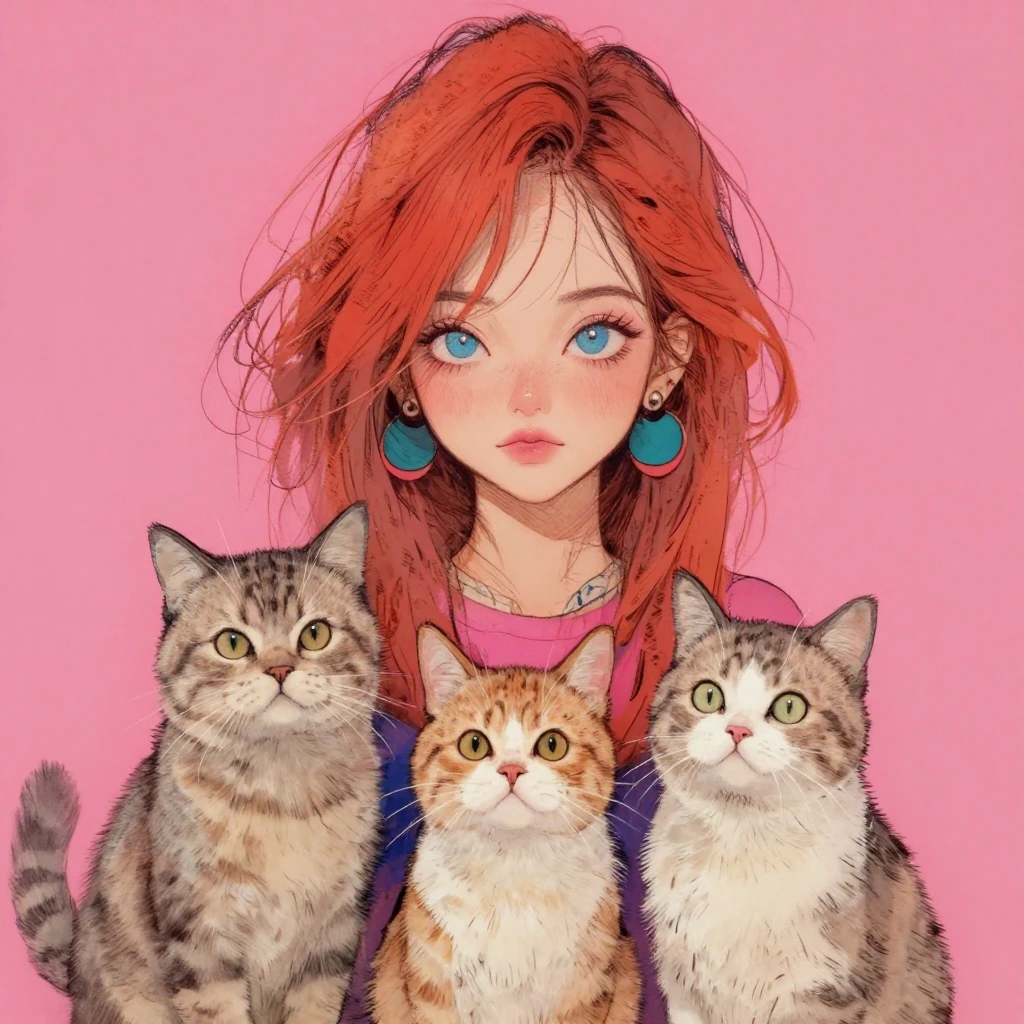 vivid color girl with three cats