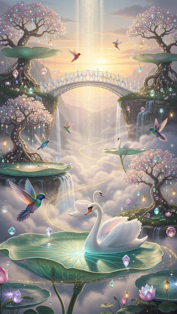 An enchanted valley where giant glowing lily pads float through the morning sky like islands, connected by delicate crystal bridges. Elegant white swans glide through clouds instead of water while sparkling waterfalls flow upward into radiant sunrise