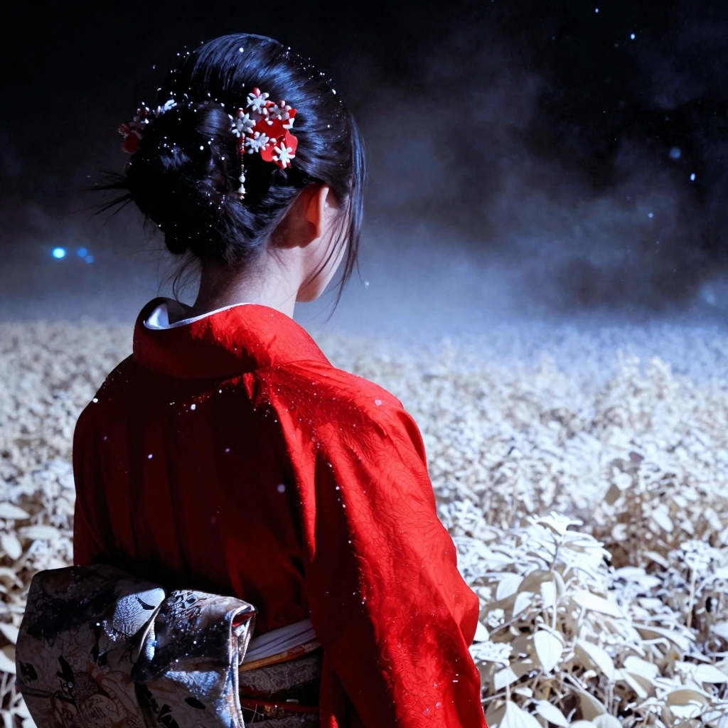 close up, a women in red kimono, hair ornament, night, dark, hard shadow, shot from behind, mysterious, snow falls, blurry motion, foggy high iso nois