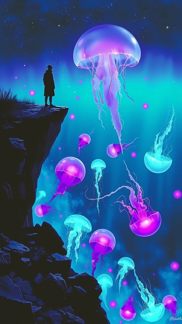 A solitary figure in silhouette stands at a cliff edge facing a bioluminescent ocean, the water below alive with massive jellyfish drifting like slow-motion constellations—their bodies translucent and softly glowing in deep purples, teals, and phosph
