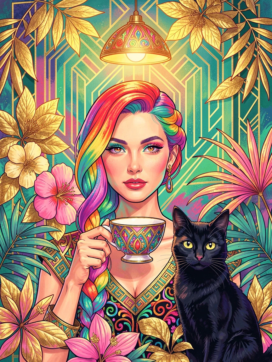 Woman with rainbow gradient braided hair holding patterned teacup, black cat nearby, surrounded by vibrant tropical foliage and gold-leaf florals, art deco geometric patterns, warm glowing pendant lamp overhead, psychedelic pop art illustration style