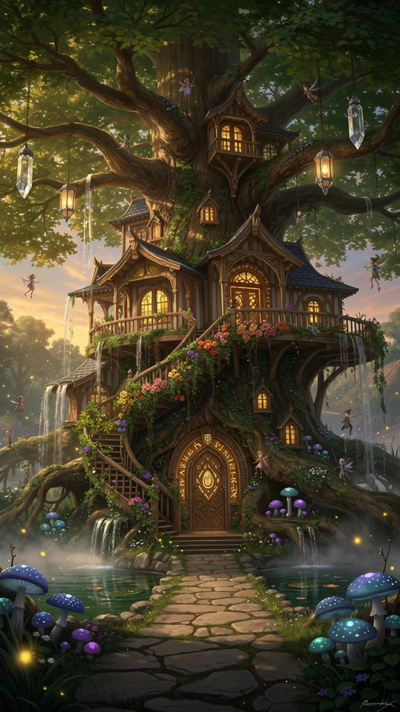 An ancient enchanted tree so vast that an entire magnificent fantasy home has naturally grown around its massive trunk over centuries, twisting wooden halls and elegant balconies woven seamlessly into living branches, glowing windows nestled within t