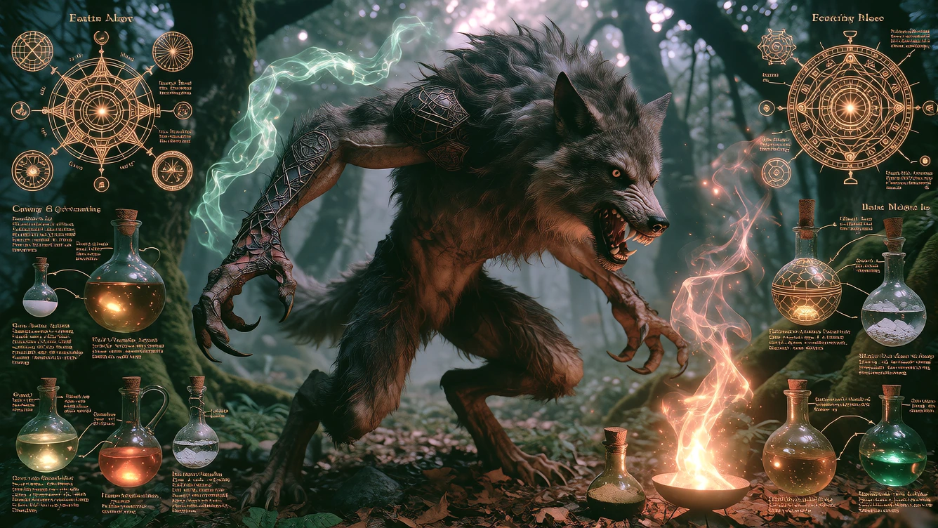 A detailed fullpage concept design depicting the crafting of a werewolf. The centrepiece features an intricately designed werewolf figure in a dynamic