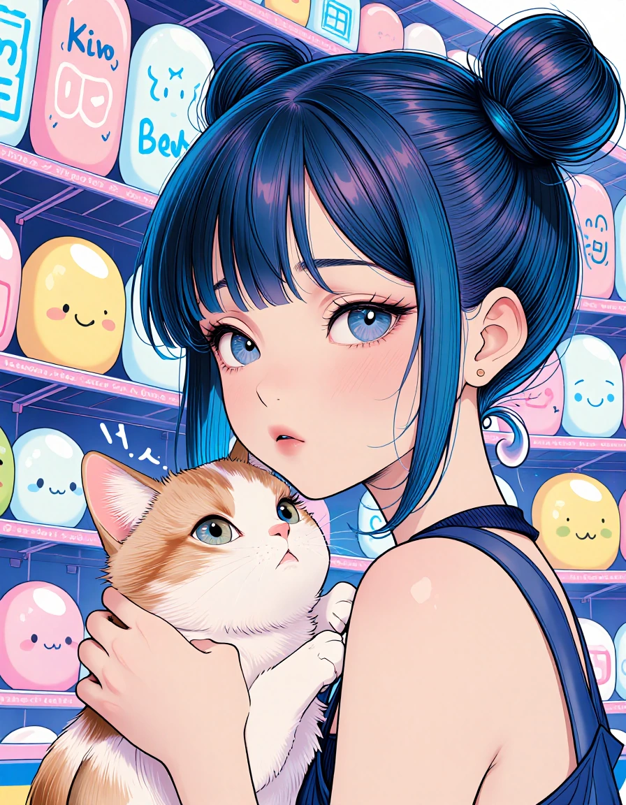 Closeup Beautiful anime girl with her cat at a kawaii squishie mall, space buns, graffiti and paintings, soft pastels
