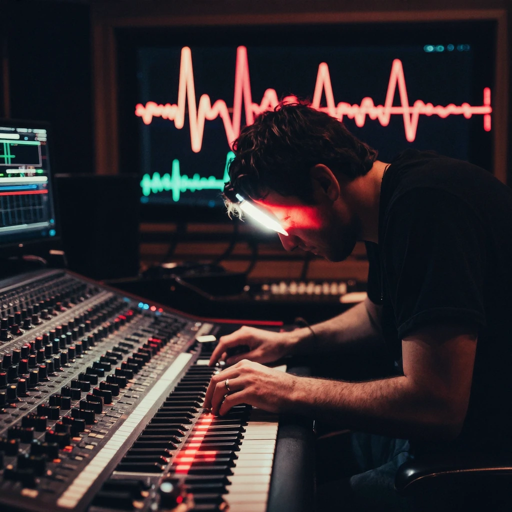 A figure hunched over a mixing console in a dimly lit recording studio, one hand hovering over the delete key, caught in the moment between creation and destruction. Neon waveforms on black screens behind them, jagged and interrupted mid-phrase. A si