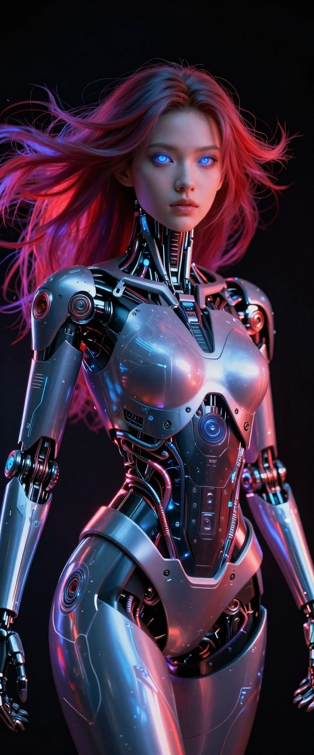 Create an ultra-realistic, full-body design of a stunning futuristic female cyborg, merging human and robotic aesthetics. Focus on intricate, captivat