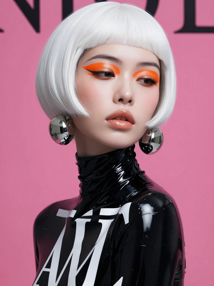 a photoreal high-fashion beauty portrait of a real woman styled with a blunt white bowl-cut hairstyle, smooth pale skin, narrow half-lidded eyes, glos