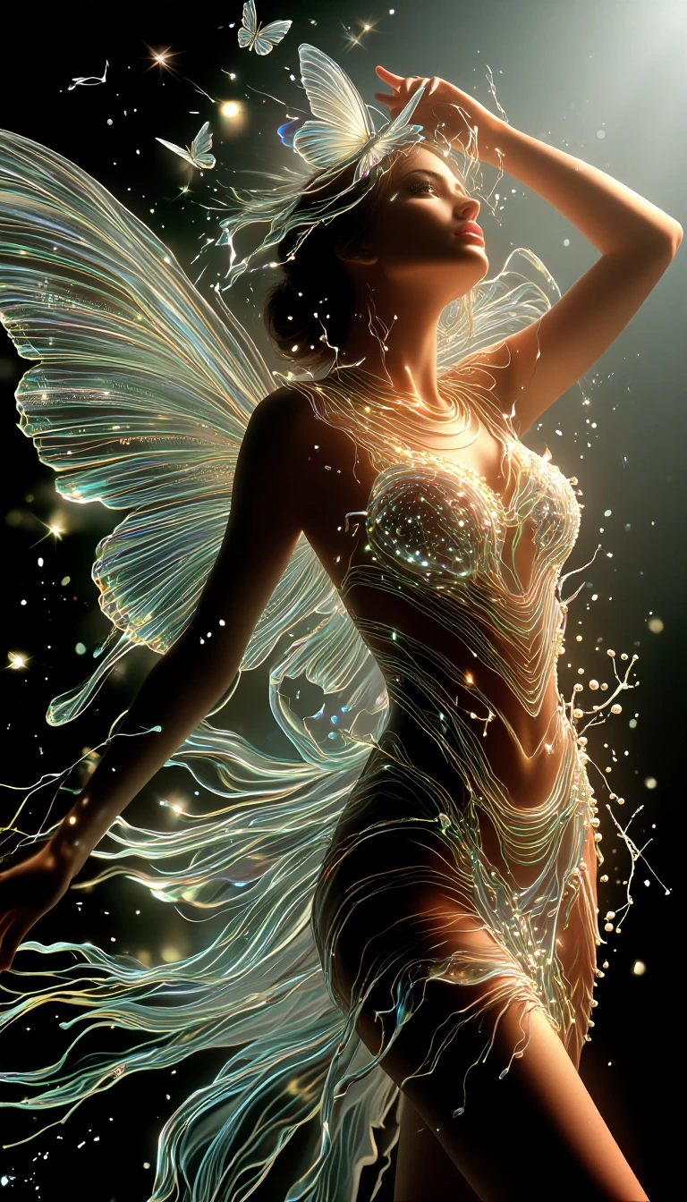 An ethereally beautiful woman surrounded by intricate glass butterflies in motion, their wings translucent, iridescent, and impossibly delicate, catching and refracting light like living stained crystal. She wears a flowing minidress made of molten g